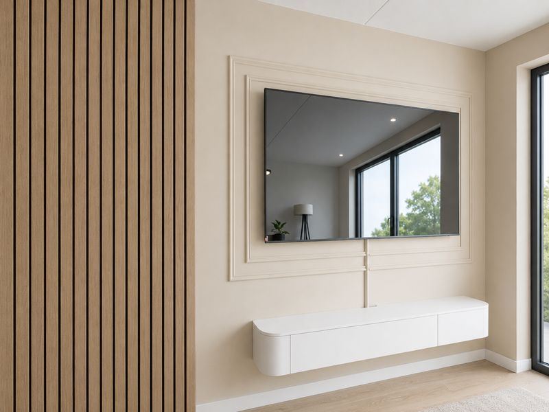 Tv-wand met wandlijsten, weggewerkte kabels en een zwevend tv-meubel